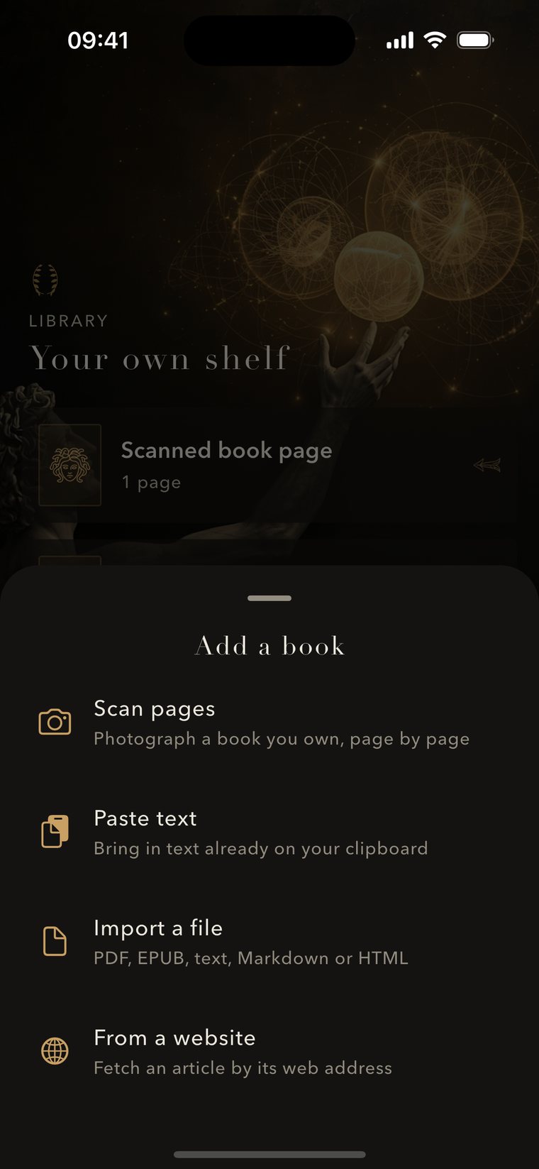 The Add a book sheet: scan, paste, import a file, from a website