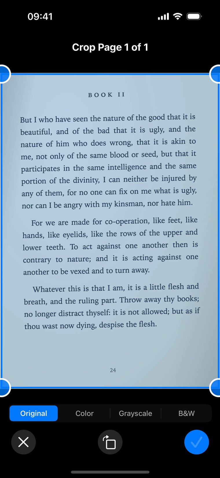 The crop screen with a photographed page of Meditations